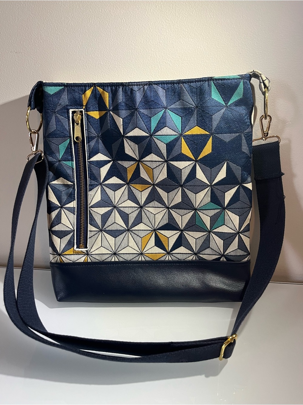 Henry Handbags Navy Geometric Crossbody Bag with Yellow & Teal Accents